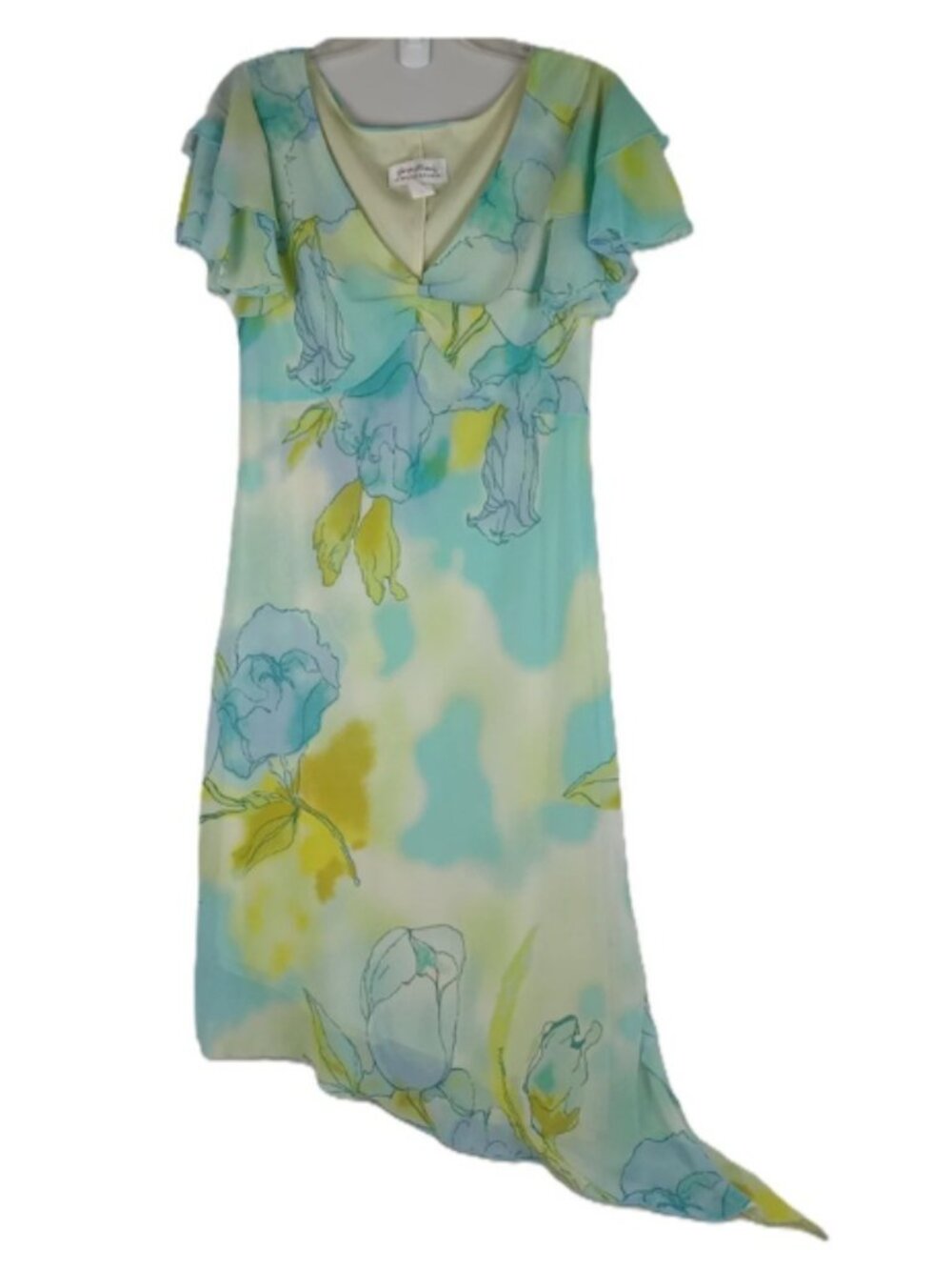Giorgio Fiorlini Womens 16 Green Yellow Floral Flutter Sleeve Asymmetrical Dress